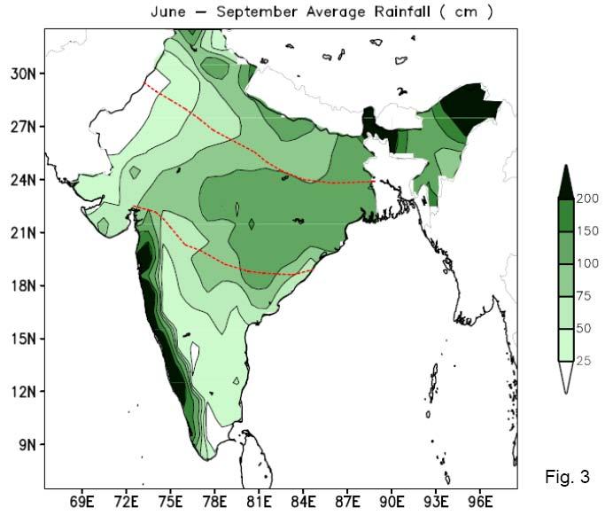 Figure 3. The average June September rainfall (cm) over the Indian region.