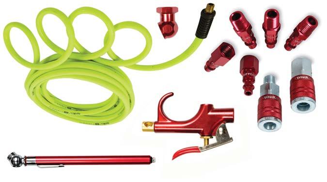 Flexzilla 11pc. Air Compressor Kit Kit Includes: 3/8 in. x 50 ft. Flexzilla Air Hose Safety Blow Gun (1/4 in. inlet) Tire Gauge Air Chuck 3 - Male Plugs (1/4 in. MNPT) 2 - Female Plugs (1/4 in.