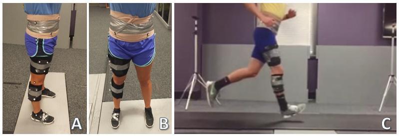 Figure 9: Marker and EMG placement from the sagittal (A) and frontal (B) plane. Visual representation of the protocol setup with participant running across condition 2 (C).