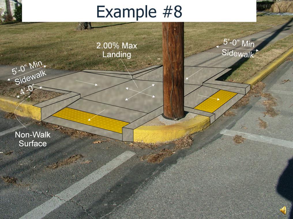 Since the grass strip is not wide enough to transition the curb height, a Type 1 or Type 4 curb ramp will not work.