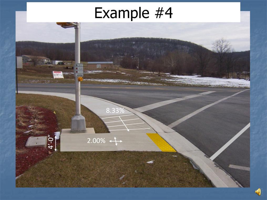 The retrofit depicted ramps the sidewalk down to a level landing.