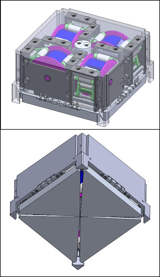 It is estimated that this system will have a mass of 10 kg and a volume of 24 cm x 24 cm x 12 cm, similar to a 4U Cubesat. by four doors that will open when deployment is initiated.