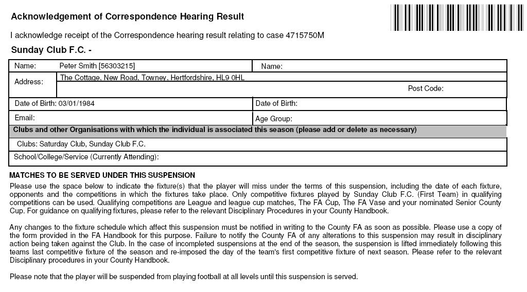 Multiple / Lesser Charge - Hearing Result Reply Form Number of matches the Player is suspended