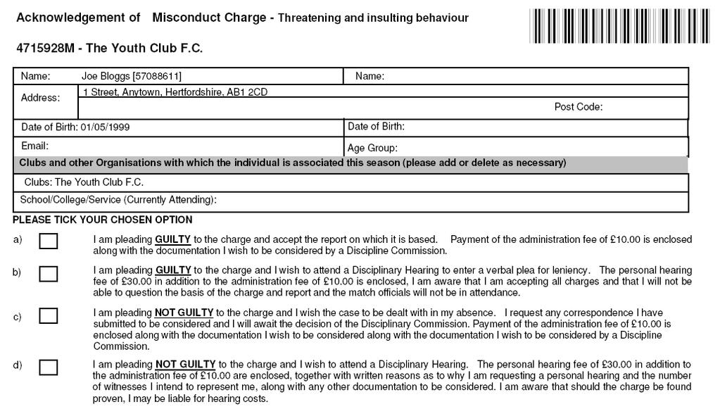 Standard/Misconduct Charges Misconduct - Reply Form For information on how to respond to a misconduct charge please see page 41.