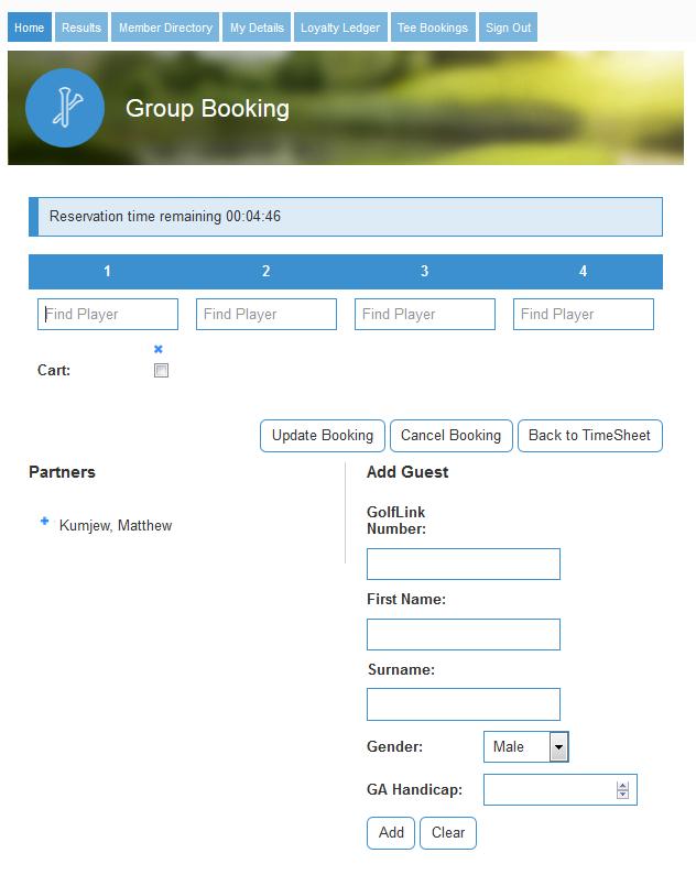 Group Booking You have 5 minutes to make your booking. Your name will be automatically added into the first tee spot. A Palmer Click into the next tee spot and start typing the players surname.