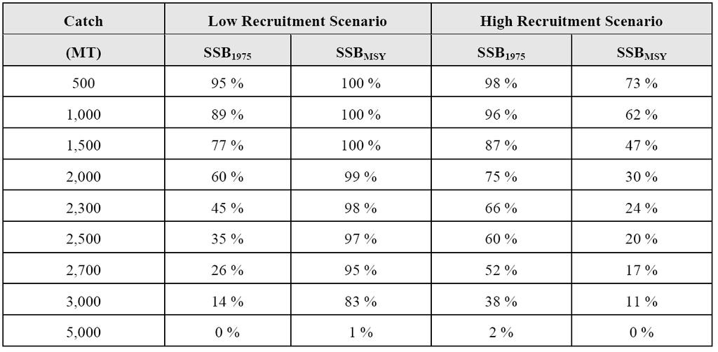 The estimate of SSBMSY for the high recruitment scenario is critical to inferences regarding the probability of achieving rebuilding under different future levels of catch, and also less well