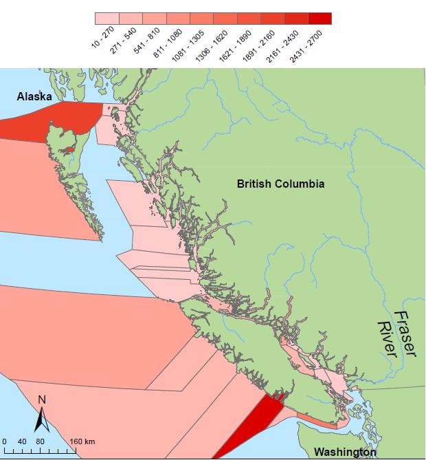 Figure 2 - Salmon Head Recovery Depot Locations Figure 3 - Recoveries by Pacific Fishery Management Area A total of 12,845 salmon head recoveries were submitted by sport anglers and collected through
