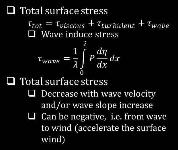 ABL simulations Total surface stress Wave induce stress Total surface stress Decrease with wave velocity and/or wave slope increase Can be