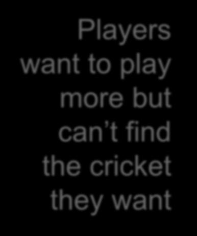 The cricket market is declining Cost of Cricket Satisfaction and NPS Officiating Coaching Lapsed and Never Played Transitions 14-25s Other Sports Play Attend Follow Disability