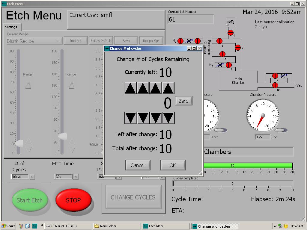 6.3.5 During an etch recipe you can select Change Cycles to add or reduce the number of cycles. Select OK when done.