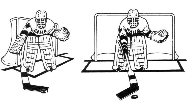For a shot off the ice, the following steps should be followed: At the moment of the shot, the goaltender makes a strong push to move around the net to the same side from which the puck is travelling.