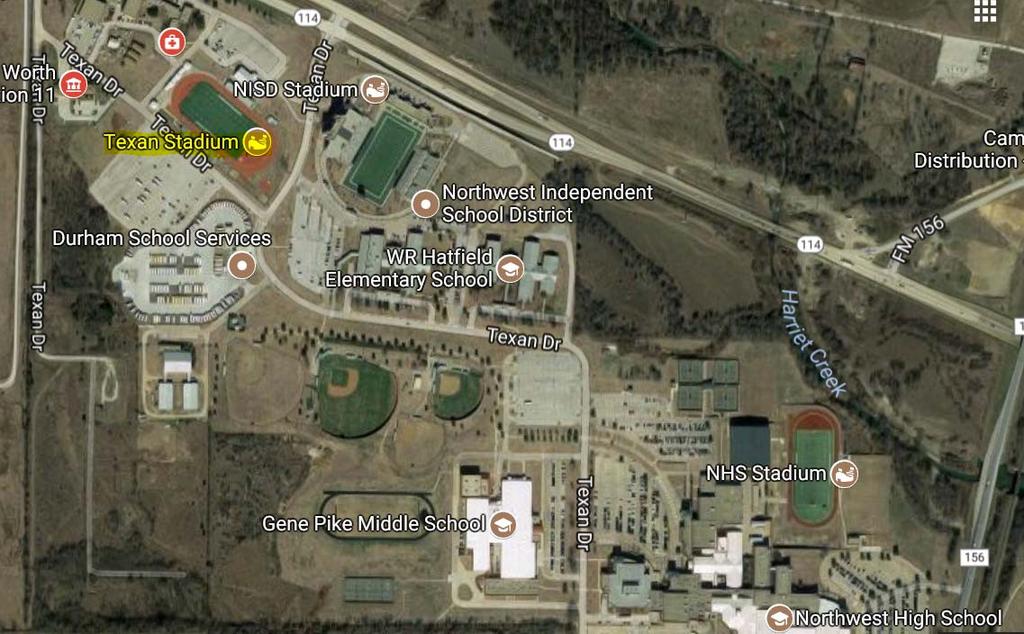 NISD Texan Stadium Information Directions From Haslet: 1. Head Northeast on FM156 2. Turn left onto Texan Dr. Stadium will be on your left. From Justin: 1. Head South on FM156 2.
