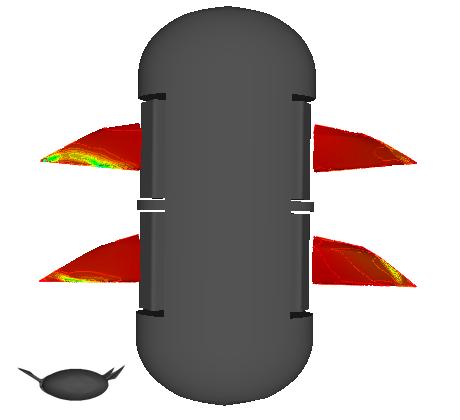 First, simulations were performed for this configuration with the front fins using the forward thrust gait, Fig. 16, and the rear fins using a reverse thrust gait, Fig. 43.