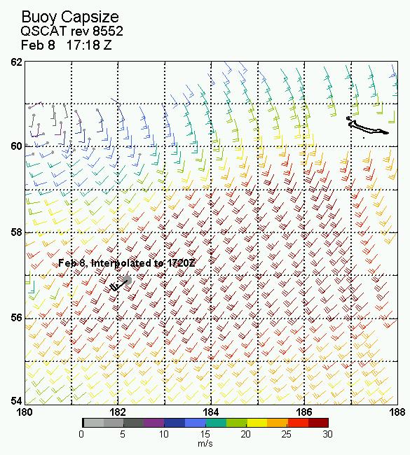 Comparison with QuikSCAT overflights at 0730 and 1720 Z show Ku-2001 winds to be approximately 10 to 12 m/s higher than the time interpolated buoy winds.