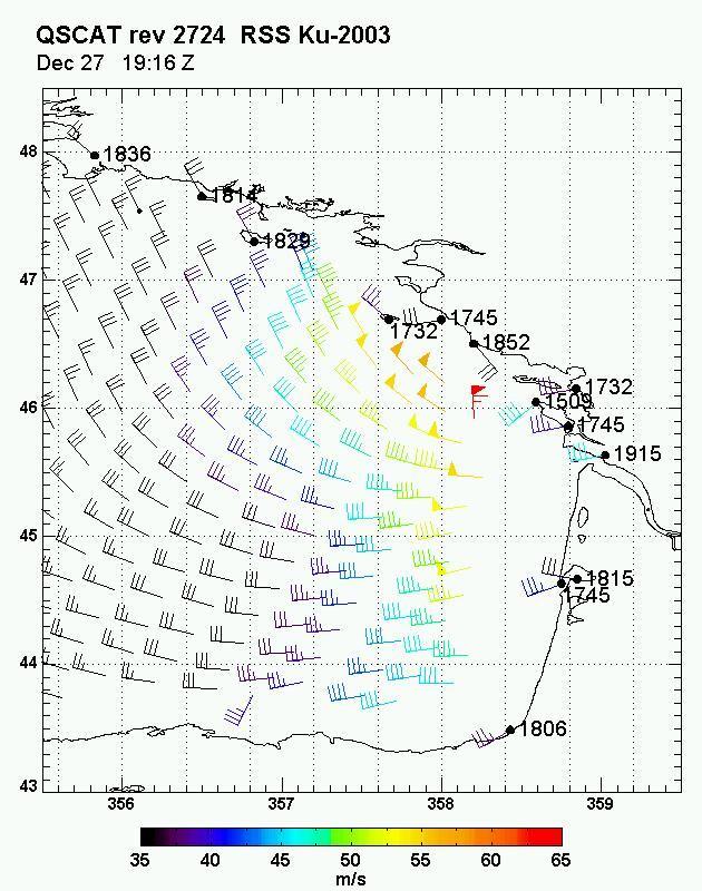the Ku-2001 model function, as the new Ku-2003 does not show the same behavior. 4c. French Storm In December 1999 a series of fierce winter storms blew into the Bay of Biscay on December 27 th, 1999.