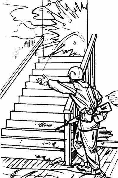 (2) Using the staircase for cover, soldiers throw the grenade underhand to reduce the risk of it bouncing back and rolling down the stairs.