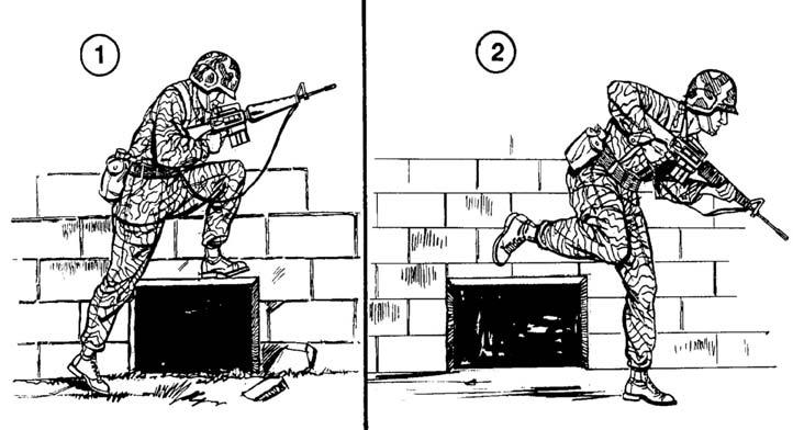 Soldier moving past windows. b. The same techniques used in passing first-floor windows are used when passing basement windows.