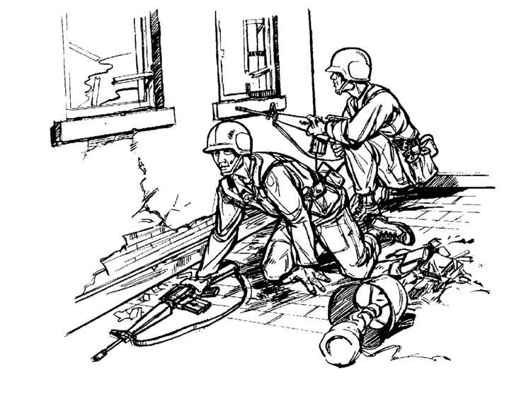 Figure 3-38. Movement within a building. b. Hallway Clearing Techniques. The clearing team must always be alert. Team members provide security at the breach point and to the rear.