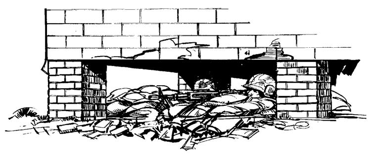 Figure 3-59. Sandbagged machine gun emplacement under a building. p.