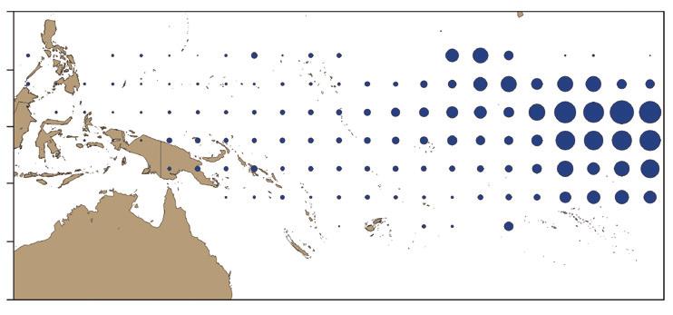 17 Distribution of (a) average bigeye tuna catch, and (b) average catch per unit effort for bigeye tuna by purse-seine vessels, in the tropical Pacific Ocean from 1996 to 2009.