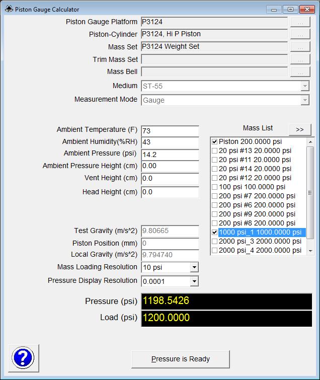 When running a test the Piston Gauge Calculator tool is used to indicate the weights to load and the corresponding pressure.