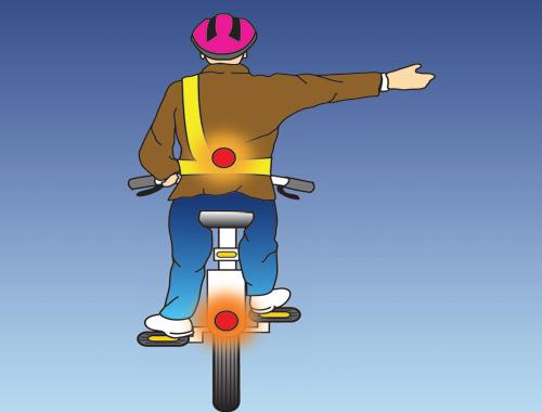 Use hand signals when turning or stopping (you'll see pictures of these above). Always cycle single-file when overtaking. Keep well back when cycling behind a motor vehicle in all traffic.