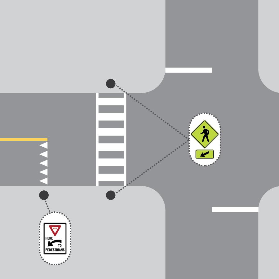Draft CBPP Figures 6-9: Conceptual Diagrams of s Applicable for Uncontrolled Pedestrian Crossings Across 2- and 3-lane Roadways Figure 6: Basic s * Yield line, high visibility crosswalk, roadside