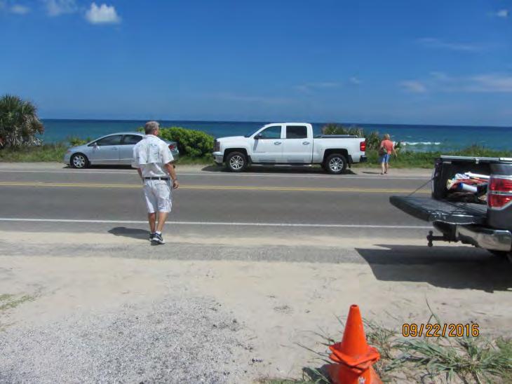Even though the roadway is only two lanes wide, the relatively high traffic volumes during peak beach times makes it difficult for pedestrians to