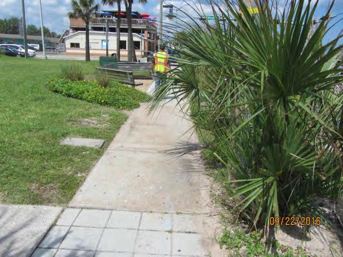 24) or where sand has built up onto the sidewalk or detectable warning surfaces (Figure 25 and Figure 26).
