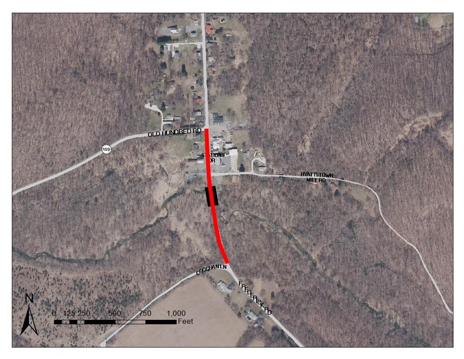 Construction of a 1,030-foot long, 26-foot wide temporary two-lane bridge/detour road (no shoulders/pedestrian or bicycle facilities) to be located to the west of existing MD 355 between Old Hundred