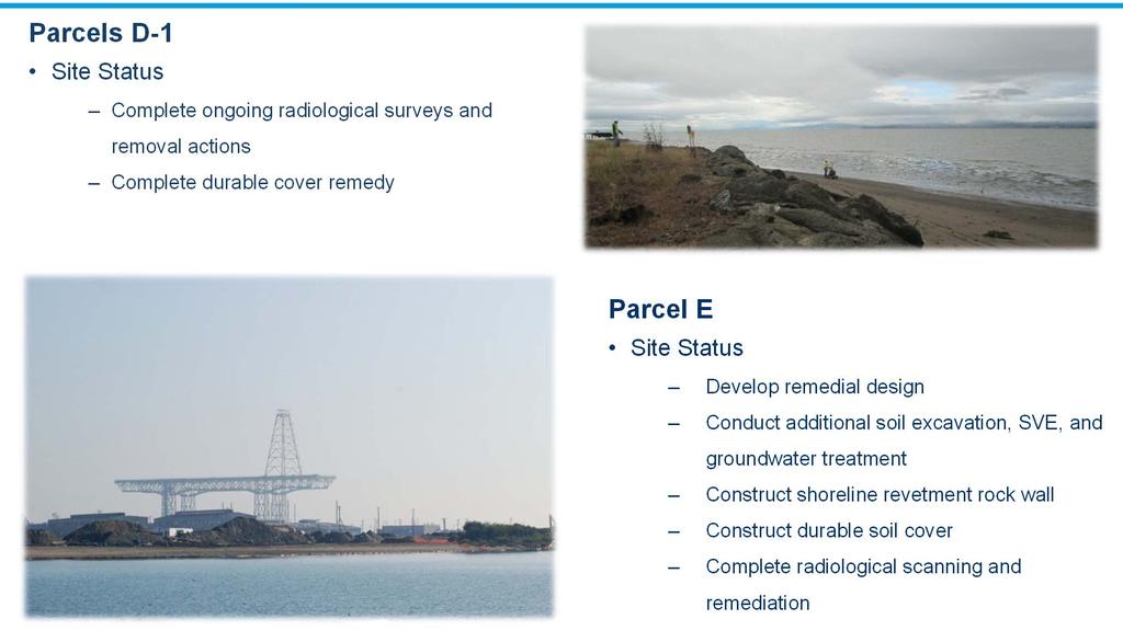Remaining Parcel Summary (continued) Parcels D-1 Complete ongoing radiological surveys and removal actions Complete durable cover remedy Parcel E Shoreline on Parcel E Develop remedial design Conduct