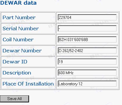After a reset the HLMU operate with the new net parameters. Dewar Identification Setup 6.7 The Dewar Identification Setup page allows you to set the Dewar Serial Nr., Coil Nr.