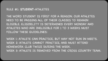 Cross Country Team Rules RULE #1: STUDENT-ATHLETES THE WORD STUDENT IS FIRST FOR A REASON. OUR ATHLETES NEED TO BE PASSING ALL OF THEIR CLASSES TO REMAIN ELIGIBLE.