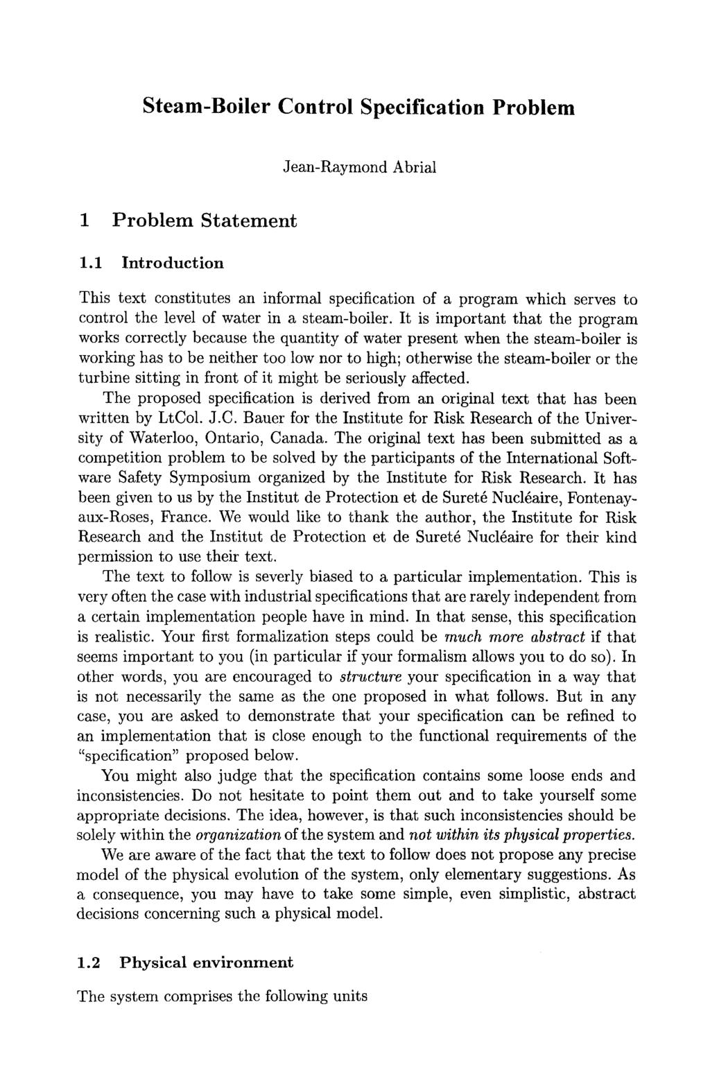 Steam-Boiler Control Specification Problem Jean-Raymond Abrial 1 Problem Statement 1.