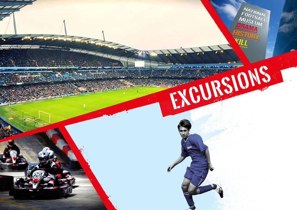 7 excursions include: Alton Towers Theme Park Training session with Manchester City Old Trafford Stadium Tour Warner Bros Studio - Making of Harry Potter Etihad Stadium Tour Liverpool Stadium Tour