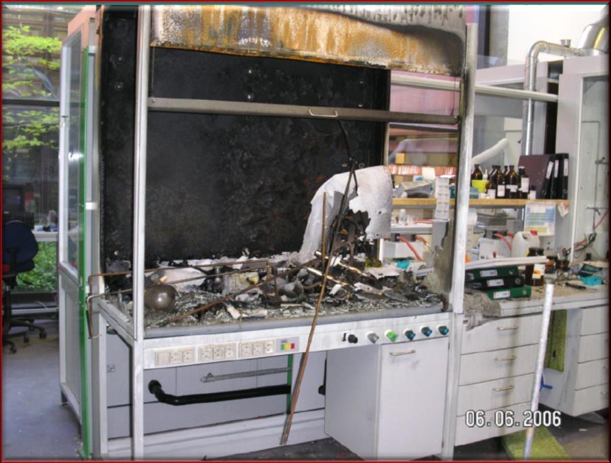 Maintenance Results of a fire in a fume hood, caused by faulty electrical cables The electrical safety of all equipment, including fume hoods, must be checked