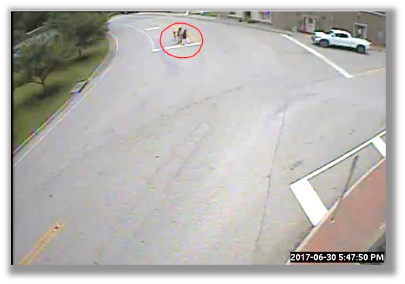 Though the pedestrian in Figure 7 was counted, crossings that occurred near the second VA 615 crosswalk by the Post Office were not captured.