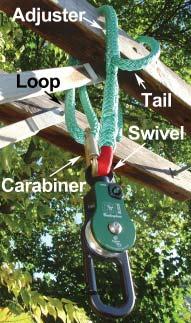 Connect carabiner from OX loop. BLOCK swivel to loop (with 3. Pull on tail to tighten sling gate facing outward). around pole. 3. Pull on tail to tighten sling 4. Smooth out adjuster.