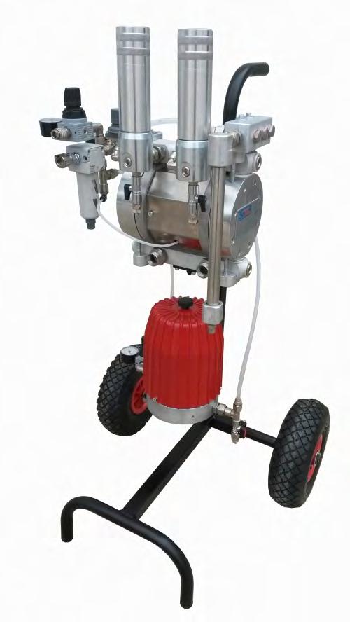 DB 2000 MIX Air-assisted diaphragm pump for spraying bi-component products in low pressure TECHNICAL FEATURES: Flow rate of A and B pumps: 12,5 + 12,5 lt./min. Flow rate of washing pump: 10 lt./min. Max.
