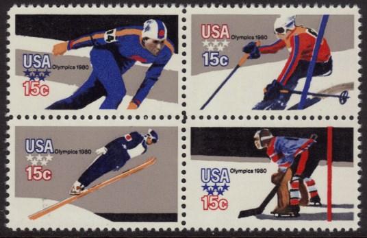 10 1795-98 1980 15 Winter Olympics, Lake Placid, NY: Speed Skating, Downhill Skiing, Ski Jump, Hockey, Pf.11x10½, Blk.-4...(50) 22.75 (12) 6.75 2.