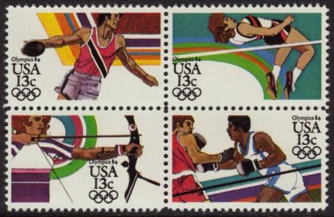 50 2082-85 1984 20 Summer Olympics, Los Angeles, CA: Diving, Long Jump, Wrestling, Kayak, Block of 4... (50) 32.50 3.25 2.75 2089 1984 20 Jim Thorpe, Athlete...(50) 47.50 4.75 1.