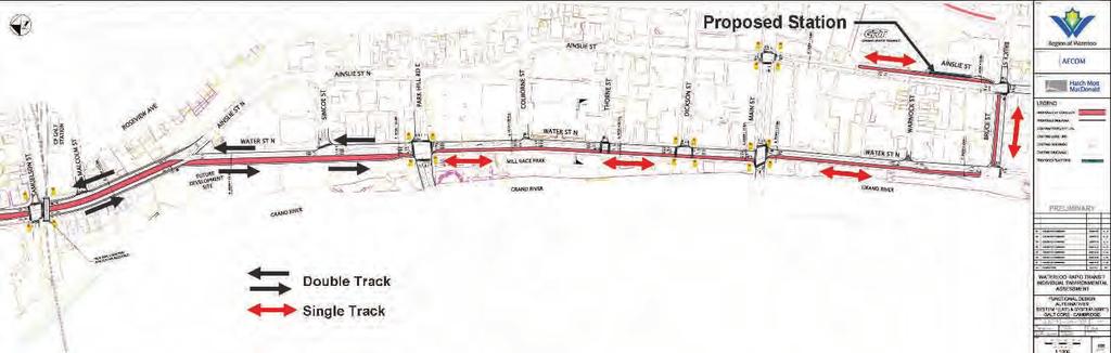 For the future LRT system in downtown Cambridge, a single dedicated transit lane south of Parkhill