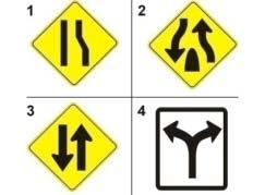 D. LANE CHANGE. 22. THIS SIGN SHOWS ONE TYPE OF: A. RIGHT TURN. B. INTERSECTION. C. LANE CHANGE. D. ROAD CURVE. 23. WHAT SHOULD YOU BE MOST CONCERNED ABOUT WHEN YOU SEE THIS SIGN? A. DRIVING WITH YOUR HEADLIGHTS OUT OF ALIGNMENT BECAUSE ONE SIDE OF YOUR CAR IS B.
