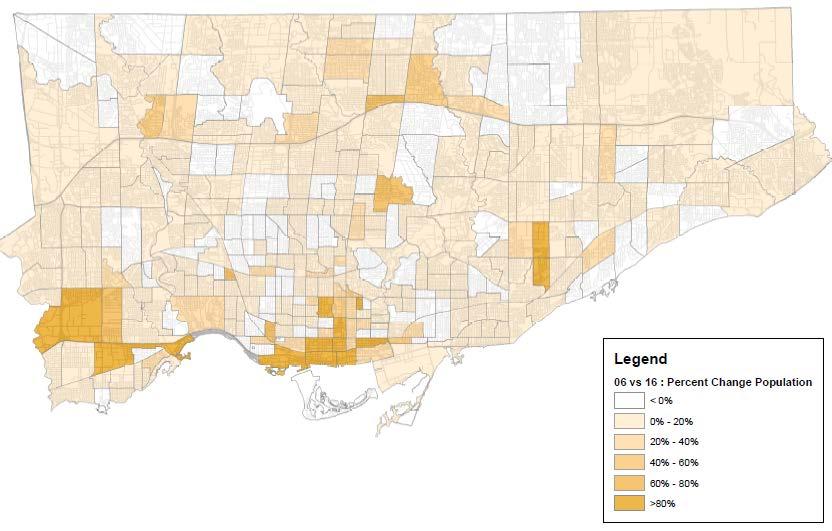 Figure 11: City of Toronto Population Growth 2006-2016: With the abundance of personal vehicles and the overall ease of parking across the city, especially downtown, the population
