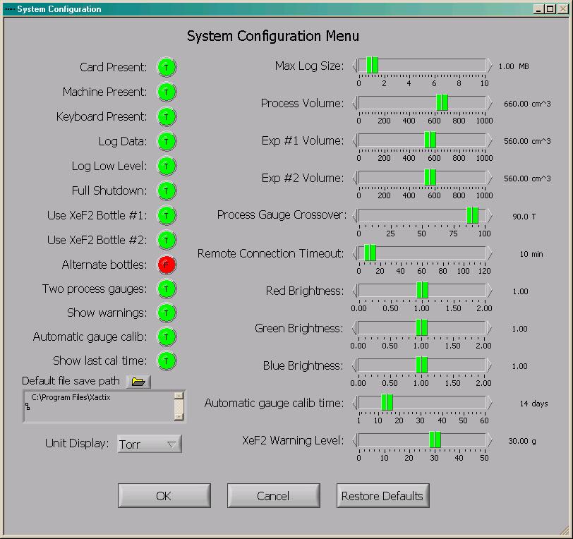 System Configuration Menu The MEMS Equipment Company TM The system configuration options screen is displayed below.