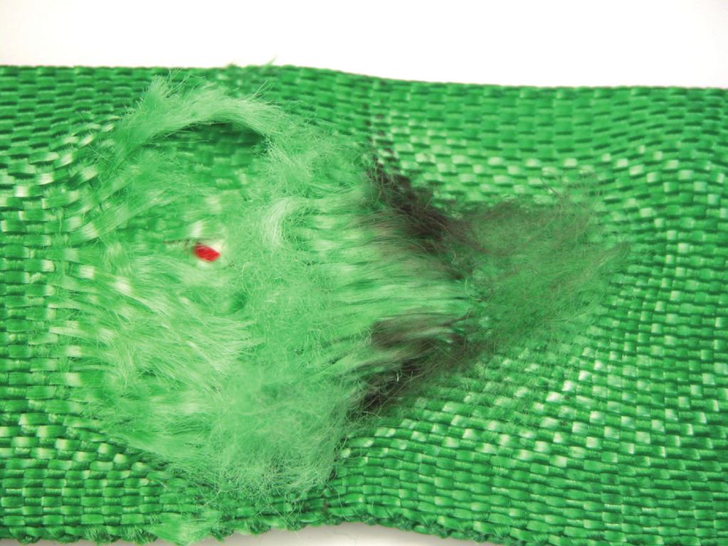 TO PREVENT: Always protect synthetic slings from being cut by corners and edges by using wear pads or other devices THE DAMAGE: Holes/Snags/Pulls exposing internal core yarns.