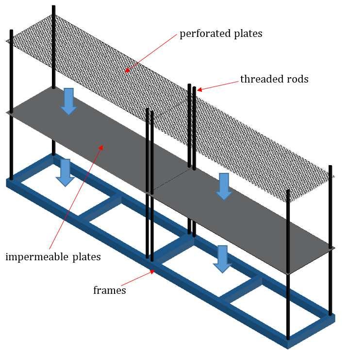 Figure 3 Installation of perforated plates on top of impermeable plates and steel frames Figure 3 Pictures of rough-impermeable slope using the perforated plates The threaded rods allowed
