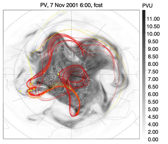 Synoptic scale disturbances around the tropopause lead to stirring and filamentary tracer structure due to breaking Rossby waves. Ertel potential vorticity at θ=360 K (~12 km) for 10 November 2001.