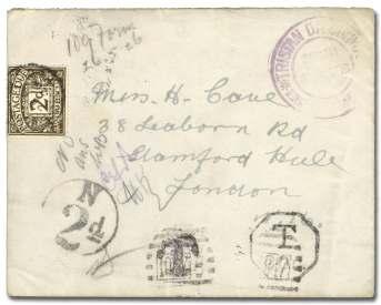 221 1922-30, 3 cov ers with type III ca chet, each in sleeve with de tailed de scrip tion, com pris ing 1922 cover to Lon don, franked by four 1d KEVII cut out from postal cards, show ing Rio De Ja