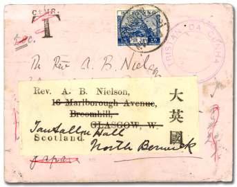 226 1928, cover to Formosa (Tai wan), China, show ing type IV ca chet in vi o let, for warded to Glascow, Scot - land us ing a pre-printed la bel, and then re di rected to North Ber wick, Scot land,